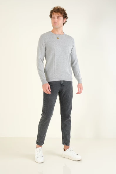 Erkek Desenli Sıfır Yaka Kazak Gri - 5