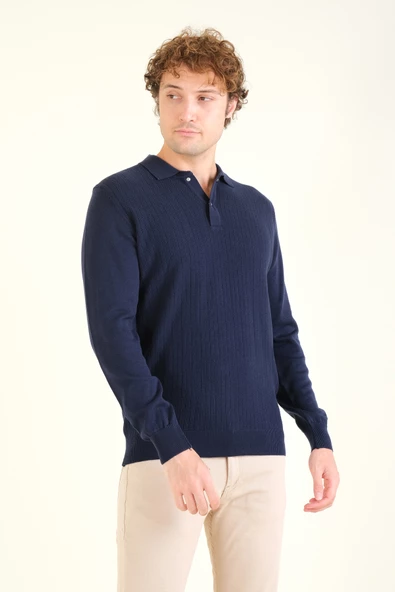 Erkek Desenli Polo Yaka Kazak Lacivert - 5