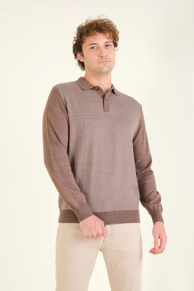 Erkek Desenli Polo Yaka Kazak Kahverengi - 2