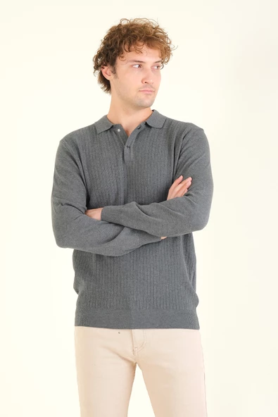 Erkek Desenli Polo Yaka Kazak Antrasit - 4