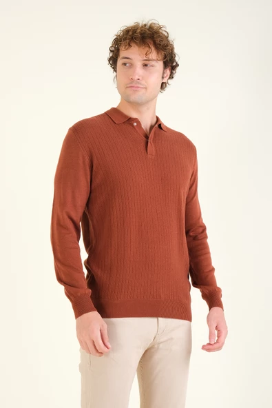 Erkek Desenli Polo Yaka Kazak Kiremit