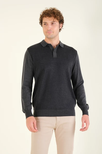 Erkek Desenli Polo Yaka Kazak Antrasit - 3