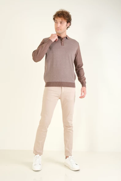 Erkek Desenli Polo Yaka Kazak Kahverengi