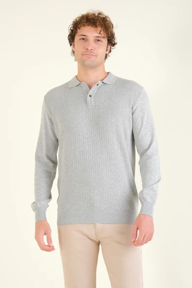 Erkek Desenli Polo Yaka Kazak Gri - 5