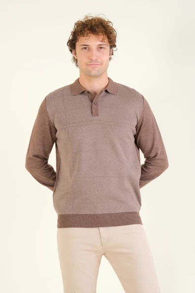 Erkek Desenli Polo Yaka Kazak Kahverengi - 3