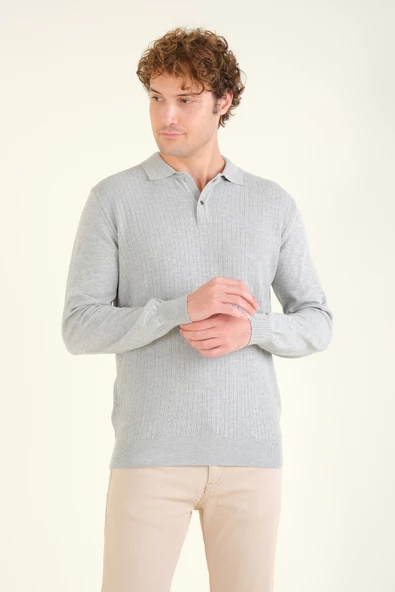 Erkek Desenli Polo Yaka Kazak Gri - 4