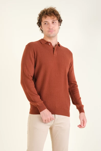 Erkek Desenli Polo Yaka Kazak Kiremit - 3