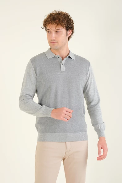 Erkek Desenli Polo Yaka Kazak Gri - 2