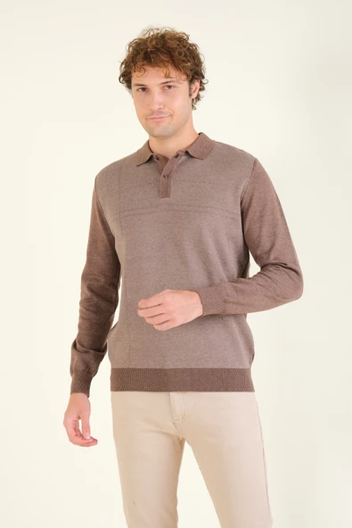 Erkek Desenli Polo Yaka Kazak Kahverengi - 4