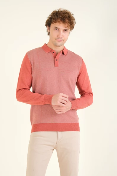 Erkek Desenli Polo Yaka Kazak Kiremit - 2