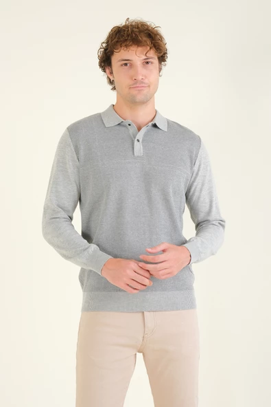 Erkek Desenli Polo Yaka Kazak Gri - 3
