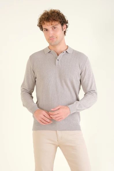 Erkek Desenli Polo Yaka Kazak Vizon - 2