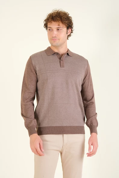 Erkek Desenli Polo Yaka Kazak Kahverengi - 5