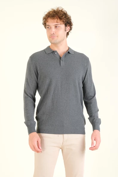 Erkek Desenli Polo Yaka Kazak Antrasit - 2