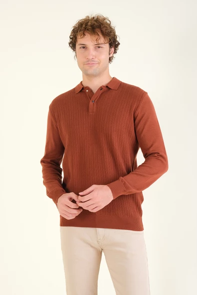 Erkek Desenli Polo Yaka Kazak Kiremit - 2