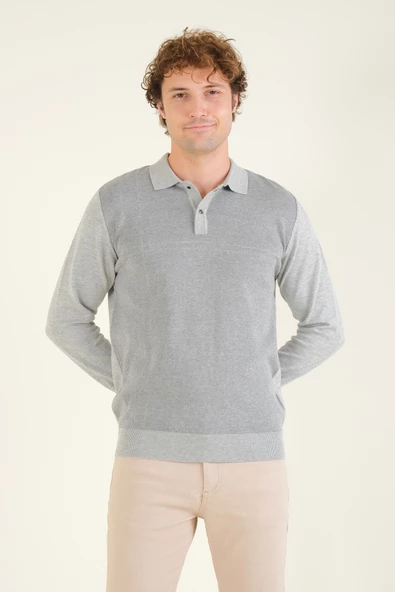 Erkek Desenli Polo Yaka Kazak Gri - 4