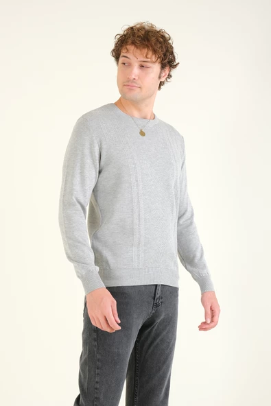 Erkek Desenli Sıfır Yaka Kazak Gri - 2