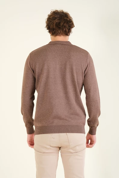 Erkek Desenli Polo Yaka Kazak Kahverengi - 6