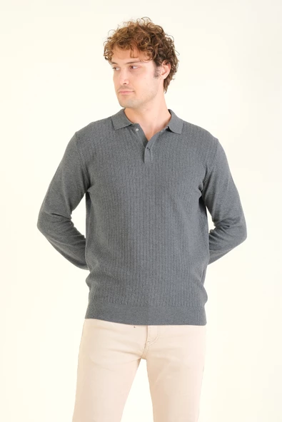 Erkek Desenli Polo Yaka Kazak Antrasit - 3