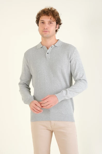 Erkek Desenli Polo Yaka Kazak Gri