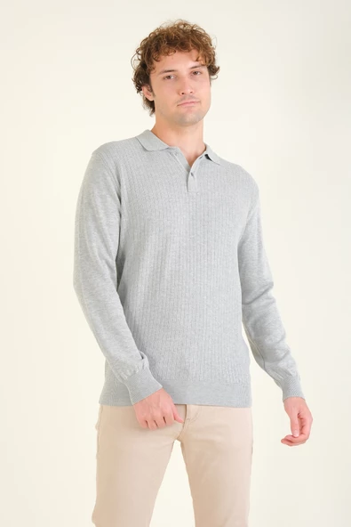 Erkek Desenli Polo Yaka Kazak Gri - 2