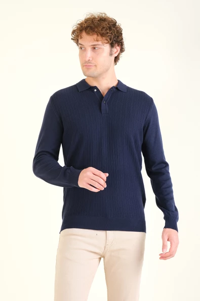 Erkek Desenli Polo Yaka Kazak Lacivert - 3