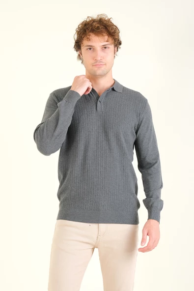 Erkek Desenli Polo Yaka Kazak Antrasit