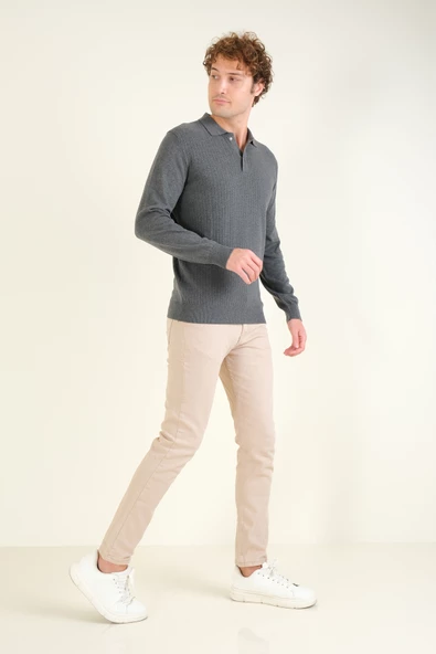 Erkek Desenli Polo Yaka Kazak Antrasit - 5