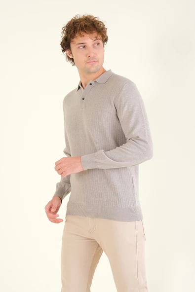 Erkek Desenli Polo Yaka Kazak Vizon - 3