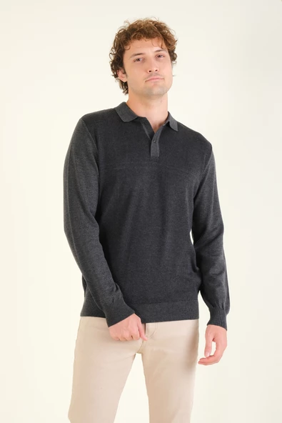 Erkek Desenli Polo Yaka Kazak Antrasit - 2