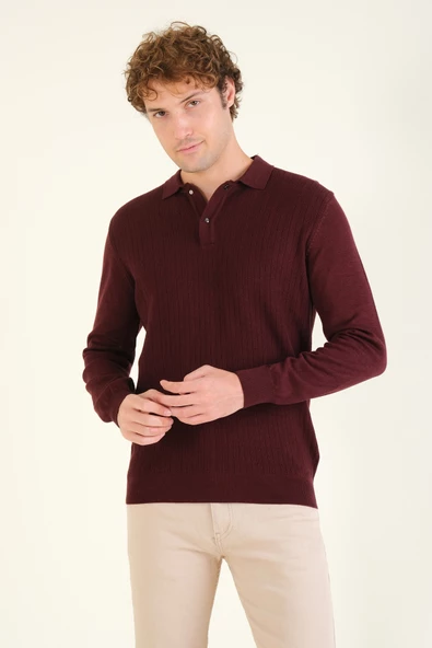 Erkek Desenli Polo Yaka Kazak Bordo