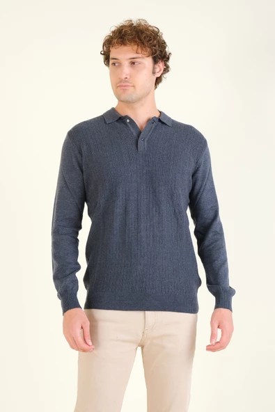 Erkek Desenli Polo Yaka Kazak İndigo - 2