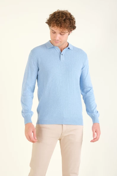 Erkek Desenli Polo Yaka Kazak Açık Mavi