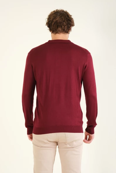 Erkek Baklava Desenli Polo Yaka Merserize Kazak Bordo - 6