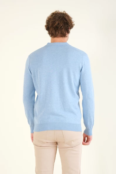 Erkek Desenli Polo Yaka Kazak Açık Mavi - 6