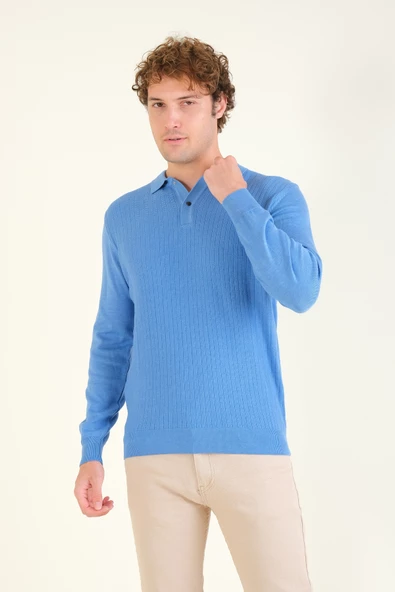 Erkek Desenli Polo Yaka Kazak Mavi - 2