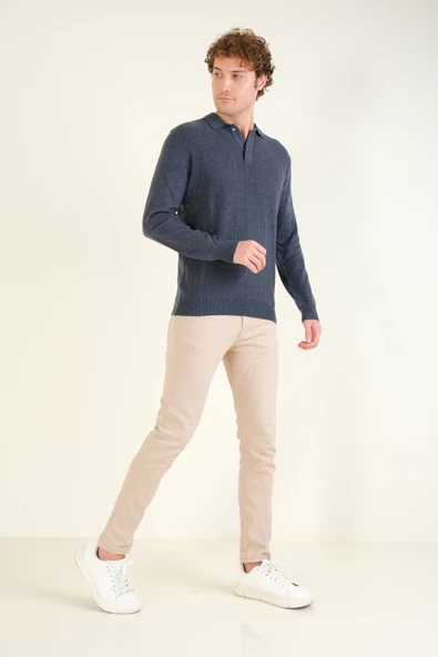 Erkek Desenli Polo Yaka Kazak İndigo - 5