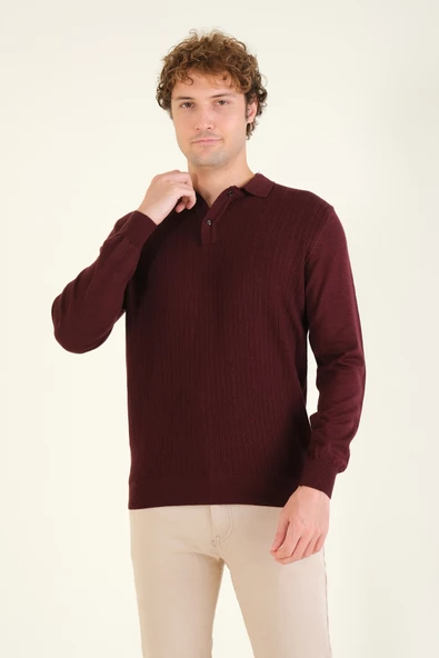Erkek Desenli Polo Yaka Kazak Bordo - 3