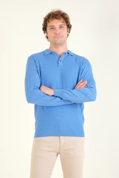 Erkek Desenli Polo Yaka Kazak Mavi - 3