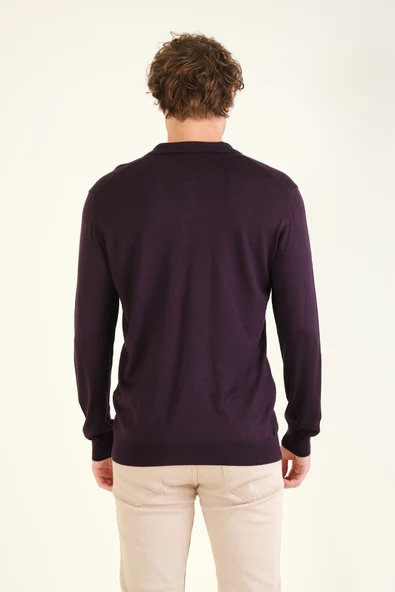 Erkek Baklava Desenli Polo Yaka Merserize Kazak Mor - 6