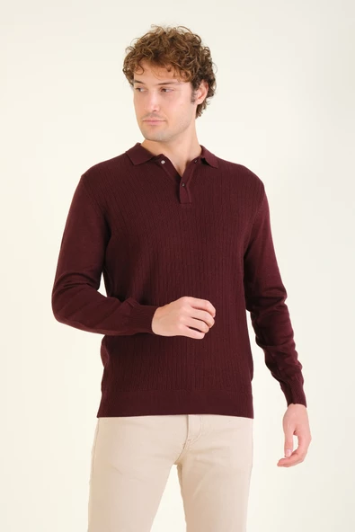Erkek Desenli Polo Yaka Kazak Bordo - 4