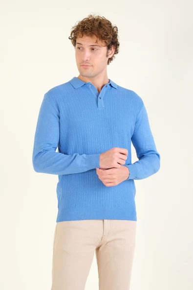 Erkek Desenli Polo Yaka Kazak Mavi