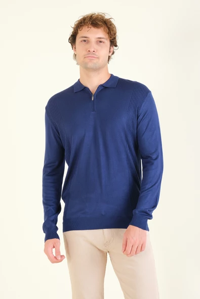 Erkek Yarım Fermuarlı Polo Yaka Kazak Lacivert - 2