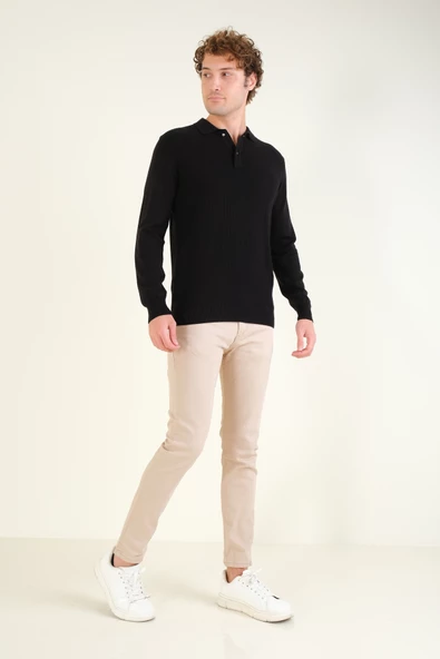 Erkek Desenli Polo Yaka Kazak Siyah - Resim 5