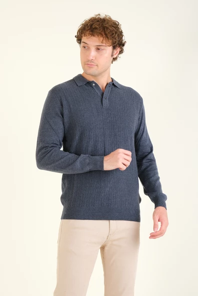 Erkek Desenli Polo Yaka Kazak İndigo - 3