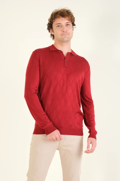 Erkek Baklava Desenli Polo Yaka Merserize Kazak Kırmızı - Resim 2