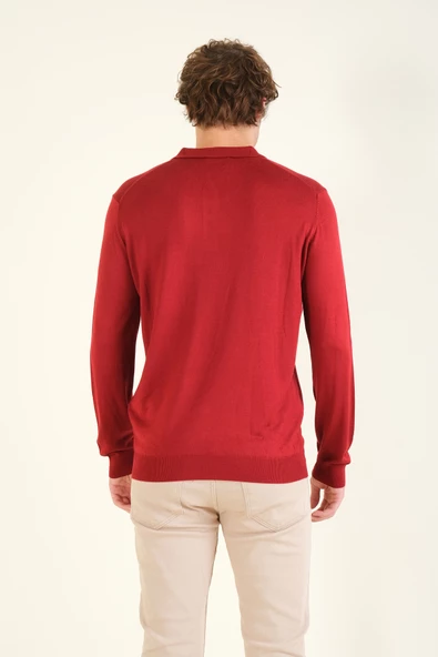 Erkek Baklava Desenli Polo Yaka Merserize Kazak Kırmızı - Resim 6