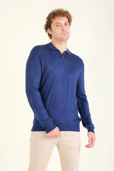 Erkek Yarım Fermuarlı Polo Yaka Kazak Lacivert
