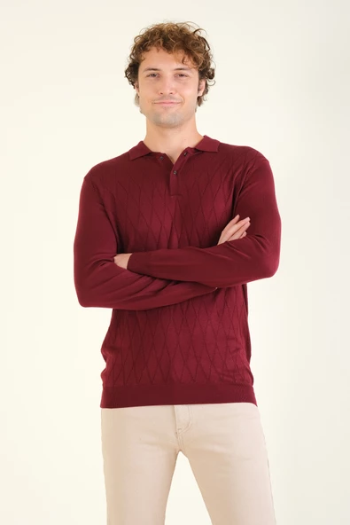 Erkek Baklava Desenli Polo Yaka Merserize Kazak Bordo - 2