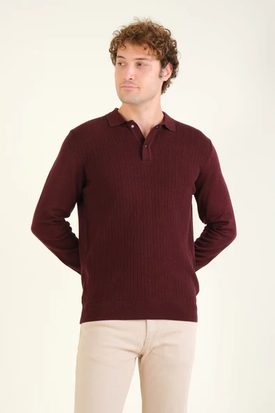 Erkek Desenli Polo Yaka Kazak Bordo - 5